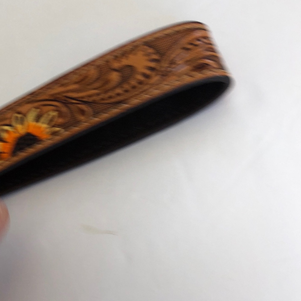 Tooled Leather Floral Keychain Wristlet  Wrist Lanyard - Brown & Orange NEW - Picture 4 of 6